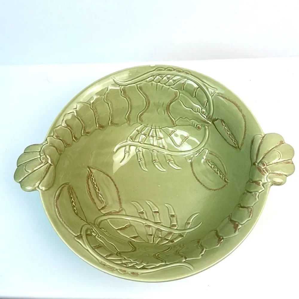 Magenta Pottery Handle Serving Salad Bowl Lobster Design Ceramic Olive Green